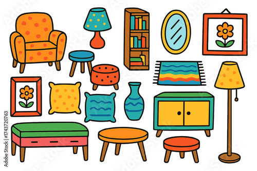 Colorful Furniture Doodles. Accent Furniture. Colorful Hand-drawn doodle Children illustration Armchair, side table, ottoman, bookshelf, decorative lamp,