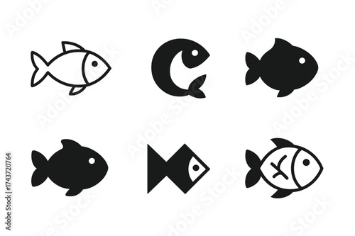 Fishmonger Logo Collection. local food markets. Set Logo of local food markets: Fishmonger Fish. harmonious logo variations of the same emblematic concept,