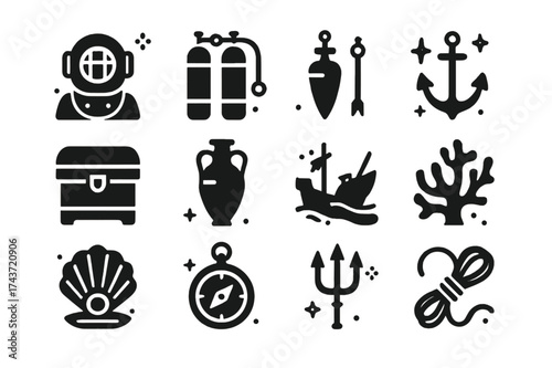Underwater Treasures Icons. Underwater excavations. Solid icons set of diving helmet, oxygen tank, harpoon, anchor, treasure chest, amphora, shipwreck, coral,