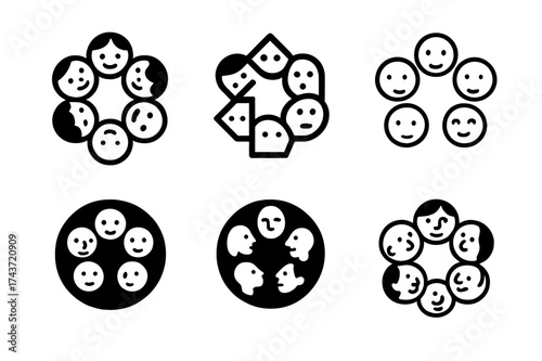 Diverse Faces Logos. Friendship and self-expression. Set Logo of Friendship and self-expression: Group of diverse faces in a circle. harmonious logo variations