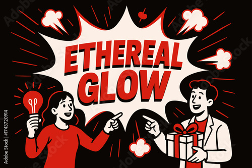 Ethereal Comic Burst. Ethereal Glow banner, flat vector illustration, bold oversized text inside comic burst, cartoon characters standing and pointing, holding