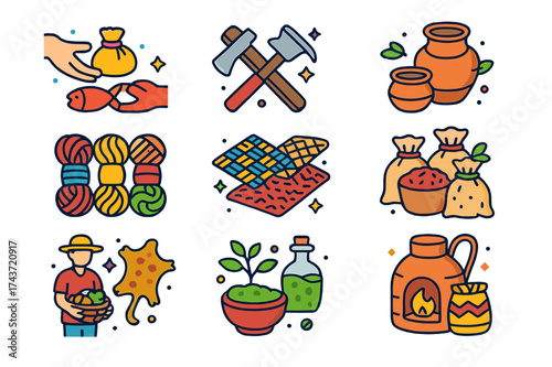 Traditional Trade Icons. Traditional trade. Colorful isometric vector icons set of traditional trade: barter exchange, handmade tools, clay pots, wool yarn,
