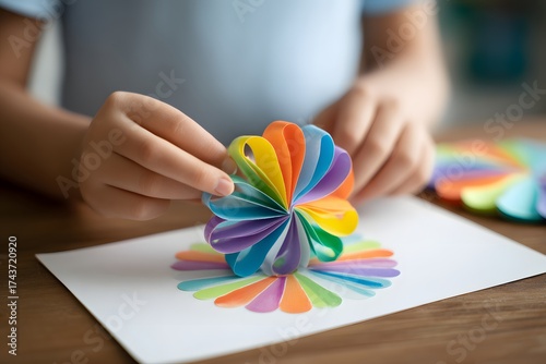 Person is making a paper flower with colorful strips of paper. The flower is made up of many different colors and is quite large. The person is focused on the task