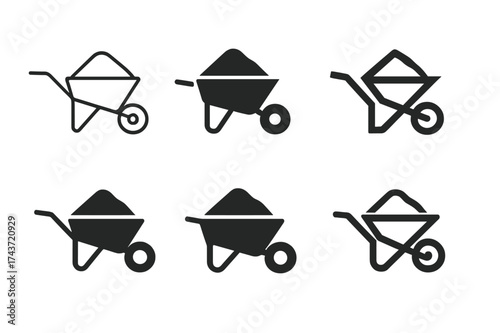 Cement Wheelbarrow Logos. Wheelbarrow with cement. Set Logo of wheelbarrow side view: loaded with cement mound. harmonious logo variations of the