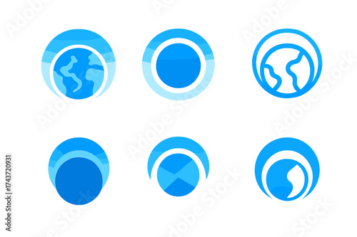 Atmospheric Halo Logos. Why the sky is blue. Set Logo of Earth and atmosphere: planet with atmospheric halo showing blue scattering. harmonious logo variations