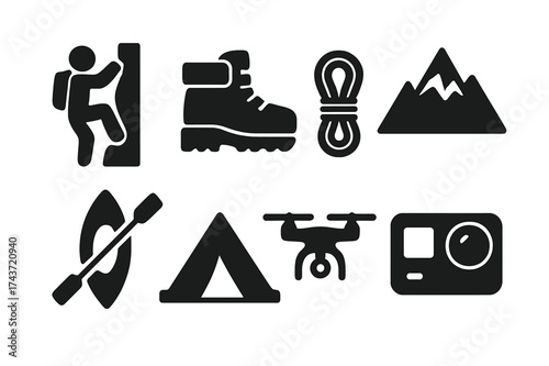 Adventure Icon Set. Adventure Photography. Filled icon set of Adventure Photography: rock climber, hiking