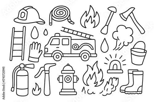 Firefighting Essentials Doodle. Firefighting. Hand-drawn doodle illustration Firefighting helmet, hose, fire truck, extinguisher, water drop, shovel, axe,