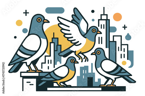 Geometric Pigeons' Skyline. Urban Birds. Pigeons standing on a stylized city rooftop, geometric skyline in the background with floating abstract accents.