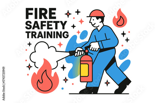 Fire Readiness Illustration. Fire Safety Training. A worker using a glowing fire extinguisher, abstract floating sparks and flame icons symbolizing emergency