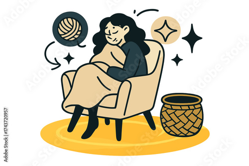 Cozy Yarn Haven. Cozy nook. Chair placed on glowing rug with woven basket beside it. Floating icons of yarn, star, and sparkle showing softness. Modern flat