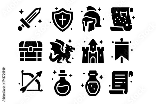 Heroic Quest Icons. Heroic Quests. Solid icons set of Heroic Quests: Sword, Shield, Helmet, Map, Treasure Chest, Dragon, Castle, Banner, Bow, Arrow, Potion,