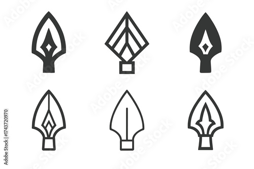 Antique Weapon Logos. Antique Weapons. Set Logo of Antique Weapons: spearhead. harmonious logo variations of the same emblematic concept, each with different