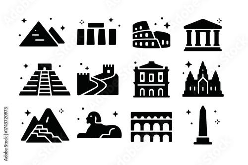 Iconic Ancient Landmarks. Ancient landmarks. Solid icons set of Ancient landmarks: Pyramids of Giza, Stonehenge, Colosseum, Parthenon, Mayan pyramid, Great
