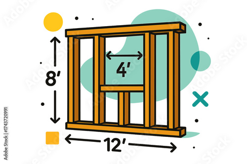 Modern Wall Framing Diagram. Wall Framing Diagram. Minimal house wall with wooden studs shown in clean geometric lines, floating measurement icons around.