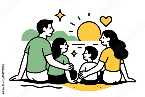 Family Beach Sunset. Strong Vibes ? Flourish Lettering with bold ornamental swashes and curls, circular framed composition with energetic flourishes,