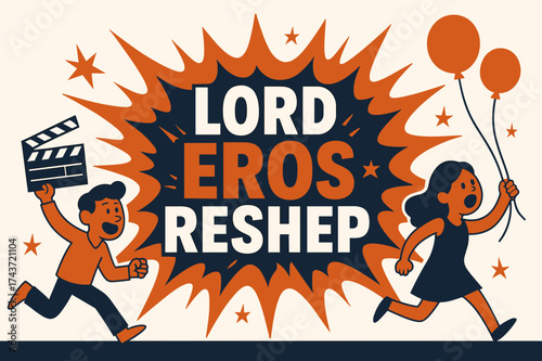 Eros Reshep Banner Explosion. Lord Eros Reshep banner, flat vector illustration, bold oversized text inside splash explosion, cartoon characters running and