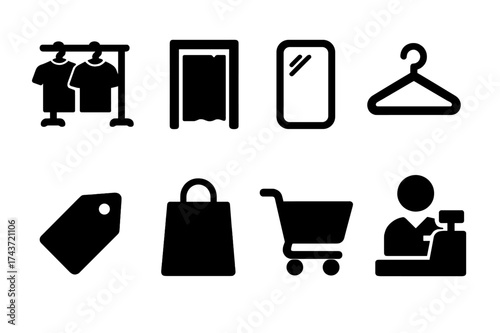 Shopping Icon Set. Shopping experience. Filled icon set of Shopping experience: clothing rack, fitting room,