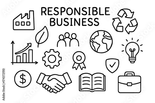 Responsible Business Icons. Responsible Business. Hand-drawn doodle illustration Responsible Business factory, leaf, recycle arrows, people group, globe,