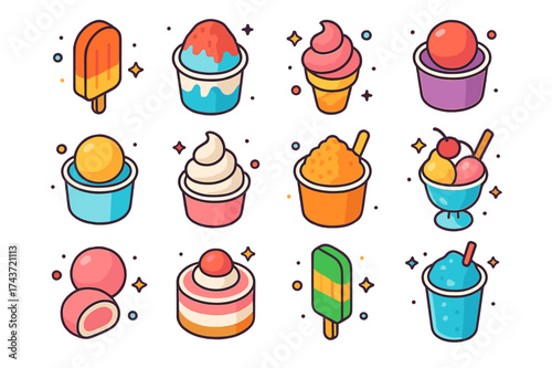 Frozen Dessert Icons. Frozen Desserts. Colorful isometric vector icons set of Frozen Desserts: popsicle, shaved ice, ice cream cone, sorbet cup, gelato cup,