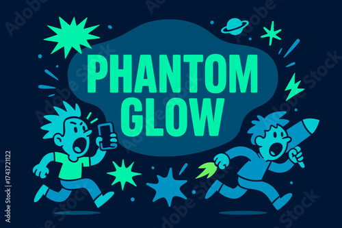 Phantom Glow Banner. Phantom Glow banner, flat vector illustration, bold oversized text inside rounded blob, cartoon characters shouting and running, holding