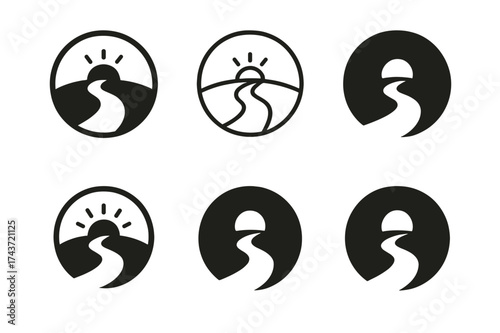 Growth Journey Logos. Making personal growth a lifestyle choice. Set Logo of Making personal growth a lifestyle choice: path leading to horizon. harmonious
