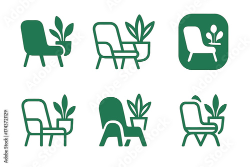 Modern Office Logos. Modern Office Spaces with Trendy Designs. Set Logo of Office Space: lounge with plants. harmonious logo variations of the same emblematic