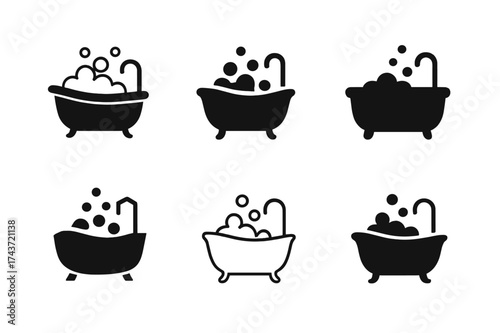 Relaxing Bathtub Logos. Planning a relaxing evening routine to unwind. Set Logo of Planning a relaxing evening routine to unwind: Bathtub with bubbles.
