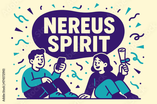 Nereus Spirit Banner. Nereus Spirit banner, flat vector illustration, bold oversized text inside rounded blob, cartoon characters sitting and chatting, holding