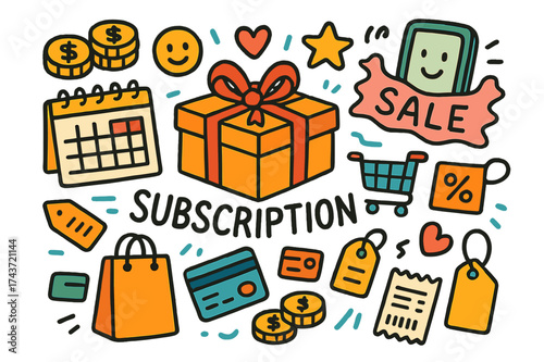 Colorful Subscription Doodles. Subscription boxes. Colorful Hand-drawn doodle Children illustration Subscription boxes delivery box, gift ribbon, calendar,