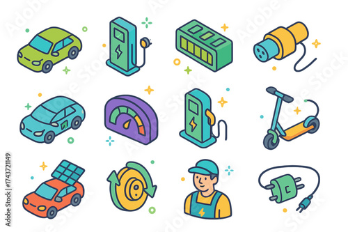 Sustainable Transport Icons. Sustainable transport. Colorful isometric vector icons set of sustainable transport: electric vehicle, charging station, battery