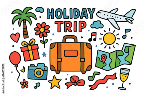 Colorful Holiday Icons. Holiday Trip. Colorful Hand-drawn doodle Children illustration Suitcase, heart, gift box, map, airplane, palm tree, camera, champagne