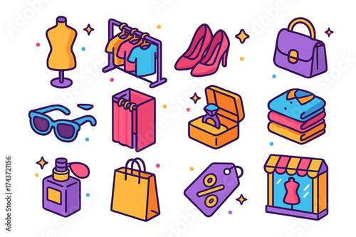 Fashion Retail Icons. Fashion retail. Colorful isometric vector icons set of fashion retail: mannequin, clothing rack, high heels, handbag, sunglasses, fitting