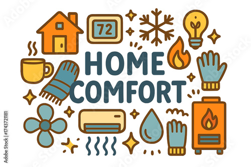 Home Comfort Elements. Home Comfort. Hand-drawn doodle illustration of Home Comfort. House, thermostat,