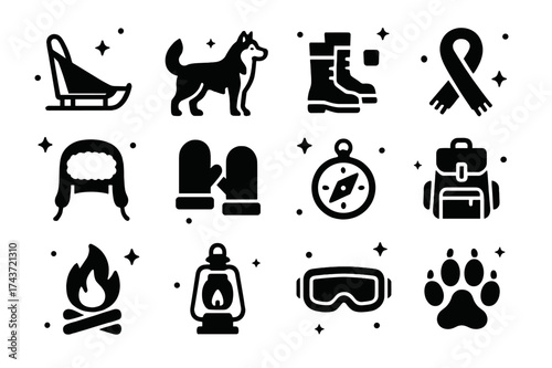 Tour Essentials Icons. Tour essentials. Solid icons set of Tour essentials: sled, husky dog, snow boots, scarf, fur hat, mittens, compass, backpack, campfire,