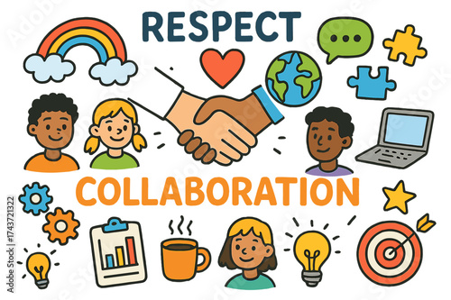Respectful Collaboration Icons. Respect and Collaboration. Colorful Hand-drawn doodle Children illustration Respect and Collaboration handshake, heart,