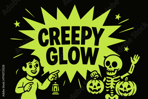 CreepyGlow Lantern Parade. CreepyGlow banner, flat vector illustration, bold oversized text inside splash explosion shape, cartoon characters pointing and
