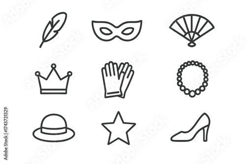 Festive Accessories Icons. Festive accessories. Line icon set of festive accessories: feather, mask, fan, crown, gloves, necklace, hat, star, ribbon, shoe. All