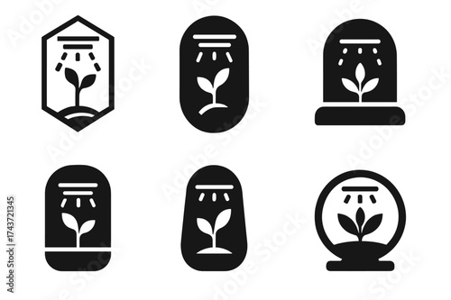 Futuristic Farm Logos. Indoor farming with LED lighting. Set Logo of futuristic plant pod: isolated chamber with LED glow. harmonious logo variations of the