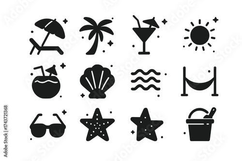 Beach Relaxation Icons. Beach relaxation. Solid icons set of Beach relaxation: umbrella, deck chair, palm tree, cocktail glass, sun, coconut, seashell, waves,