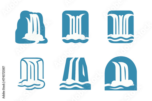 Waterfall Logo Variations. Waterfalls. Set Logo of Waterfalls: icy waterfall. harmonious logo variations of the same emblematic concept, each with different
