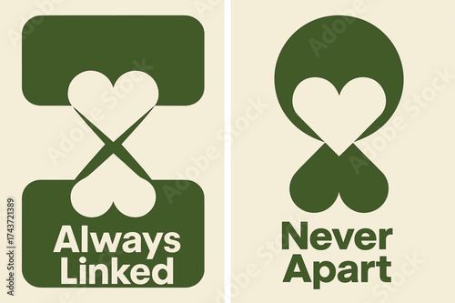 Bauhaus Heart Banners. Always Linked. Two vertical A6 banners with safe margins, centered composition, no elements touching edges, bauhaus style, olive green