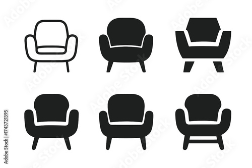 Modern Chair Icons. Interior design and home decor trends. Set Logo of modern chair: stylized armchair icon. harmonious logo variations of the same emblematic