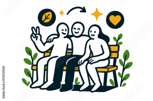 Vibrant Park Serenity. Park bench rest. Glowing figures sitting on a wooden bench surrounded by green buds. Floating icons of leaf, sparkle, and