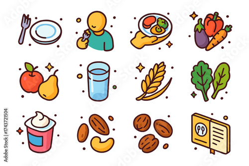 Mindful Eating Icons. Mindful eating. Colorful isometric vector icons set of mindful eating: small plate, fork and knife, person eating slowly, balanced