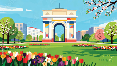 Illustration Of Chisinau's Triumphal Arch With A City Park Full Of Colorful Flowers In A Spring Atmosphere Vector Design Template