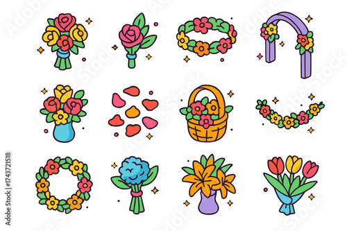 Colorful Wedding Flowers Icons. Wedding flowers. Colorful isometric vector icons set of wedding flowers: bridal bouquet, boutonniere, flower crown, wedding