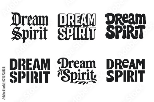 Dream Spirit Styles. Dream Spirit. Set lettering. harmonious lettering variations of the same emblematic concept (Gothic-inspired decorative type, 3D extruded