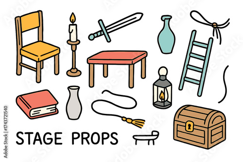 Colorful Stage Props. Stage Props. Hand-drawn doodle illustration chair (colored), table, candle (colored), sword, book (colored), vase, ladder (colored),