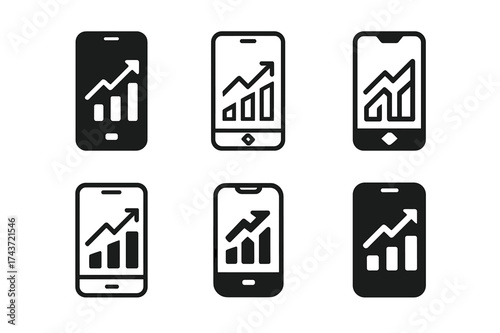 Business-Tech Logos. Business and technology convergence. Set Logo of Business and technology convergence: Smartphone displaying an ascending chart. harmonious