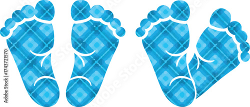 Boy baby feet in blue plaid pattern isolated on white